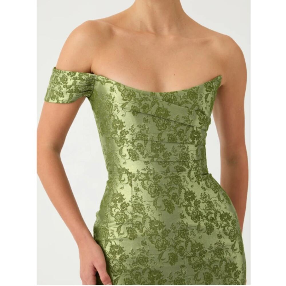 SAU LEE Jackson Green Floral Brocade Off-Shoulder Column Gown Dress Size 0
